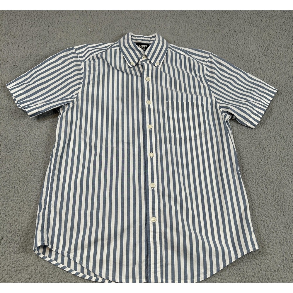 Lands End Shirt Mens Small Blue White Vertical Stripe Short Sleeve Button Down